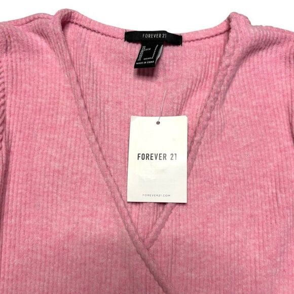 NWT FOREVER 21 Faux Wrap Knit Crop Top S Ribbed Long Sleeve Pullover 90s Retro - Picture 4 of 9